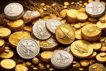 Pirate treasure Gold Coins and precious diamonds doblon gold dollars