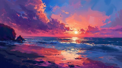 
sunset painting with the ocean on the coast illustration generative Ai
