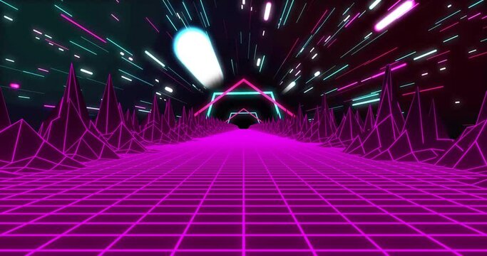 Animation of video game screen with neon metaverse patten on black background