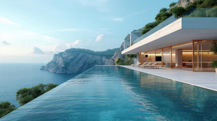 Fototapeta premium The tranquil ocean create a mesmerizing backdrop for a modern villa with an infinity pool, capturing the beauty of the sunset.