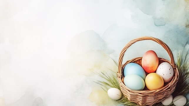Watercolor vintage colorful handmade Easter eggs in wicker basket with bow isolated on white background. Watercolor hand drawn illustration sketch