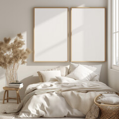 Fototapeta na wymiar Mockup for 2 large blank photo frame wall in bedroom