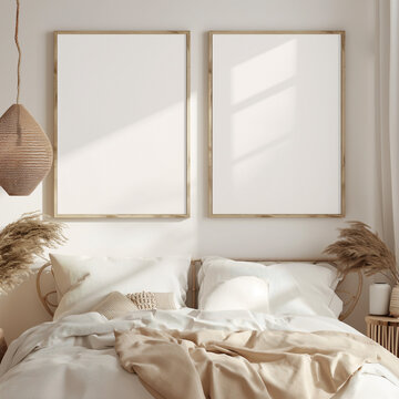 Mockup for 2 large blank photo frame wall in bedroom