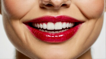 Perfect white teeth and red lips, close up, female veneer smile, dental care and stomatology, dentistry
