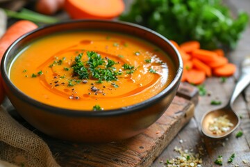 Delicious carrot soup with veggies on wood table a healthy meal