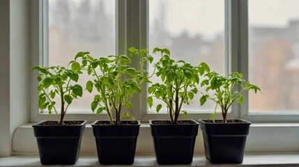 Young pepper seedlings in pots on white window. sprouts green plant and home gardening on white background