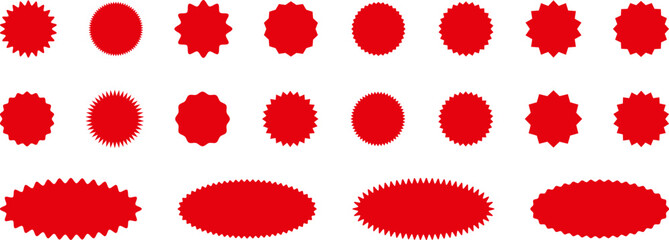 Starburst red sticker set - collection of special offer sale oval and round shaped sunburst labels and badges. Red starburst, sunburst, stamp, seal, label or burst, badge, sticker. Vector.