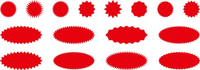 Starburst red sticker set - collection of special offer sale oval and round shaped sunburst labels and badges. Red starburst, sunburst, stamp, seal, label or burst, badge, sticker. Vector.