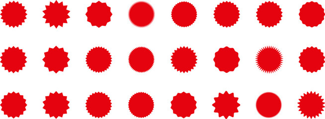 Starburst red sticker set - collection of special offer sale oval and round shaped sunburst labels and badges. Red starburst, sunburst, stamp, seal, label or burst, badge, sticker. Vector. - obrazy, fototapety, plakaty
