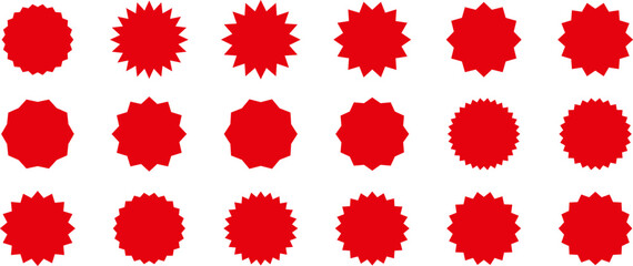 Starburst red sticker set - collection of special offer sale oval and round shaped sunburst labels and badges. Red starburst, sunburst, stamp, seal, label or burst, badge, sticker. Vector.