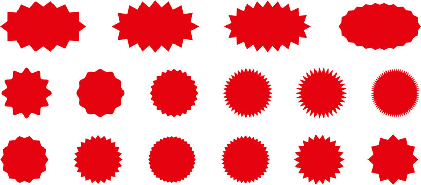 Starburst red sticker set - collection of special offer sale oval and round shaped sunburst labels and badges. Red starburst, sunburst, stamp, seal, label or burst, badge, sticker. Vector.