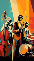 Invite template for Jazz night. Jazz band in art deco graphic style. AI generated image.