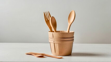 Wooden disposable kitchenware utensils on white background. wooden forks and spoons in paper cup. ecology, zero waste concept. copyspace.
