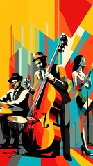 Invite template for Jazz night. Jazz band in art deco graphic style. AI generated image.