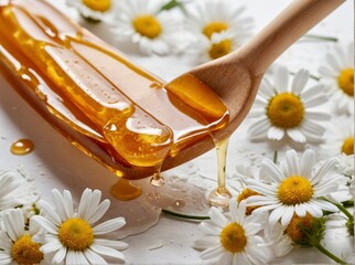 Depilation and beauty concept - sugar paste or wax honey for hair removing flows down from wooden waxing spatula sticks on chamomile flower background on white background