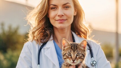 Banner Veterinarian doctor with small kitten in his arms in medical animal clinic. advertising and copyspace concept.
