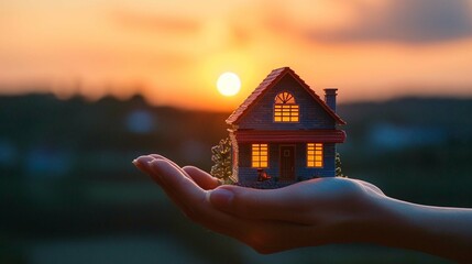 Woman's hand holding a model of a house on sunset evening