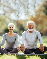 Yoga at park. Senior family couple exercising outdoors. Concept of healthy lifestyle.