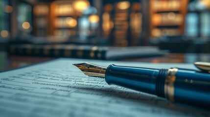 Close-up of an elegant blue fountain pen resting on a signed contract, with a blurred luxurious office environment in the background. - obrazy, fototapety, plakaty
