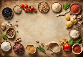 food ingredients on old background, Vegetarian food, health or cooking concept.
