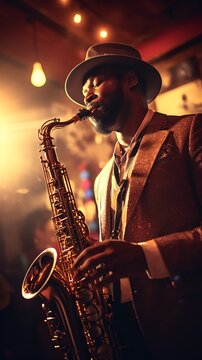 Invite template for Jazz night. Jazz man playing saxophone. AI generated image.