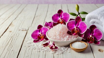 Obraz na płótnie Canvas Banner Spa cosmetic and beauty treatment concept. Pink spa sea salt and purple orchid on white wooden background, copy text