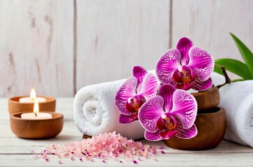 Spa cosmetic and beauty treatment concept. Pink spa sea salt, white towel, aroma candle and purple orchid on white wooden background, copy text