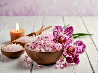 Spa cosmetic and beauty treatment concept. Pink spa sea salt, aroma candle and purple orchid on white wooden background