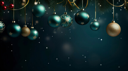 Festive Glowing Ornaments Hanging on Christmas Tree at Night. Generative AI