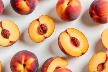 Peaches on white background. Health and fresh food. Diet, control weight. Healthy life