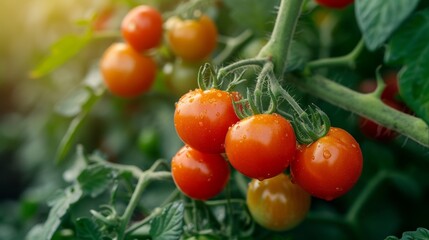 A lush tomato plant is in the center. Full of life and vitality while piles of ripe red tomatoes hung proudly from the green branches. Picture of tomato plants blooming