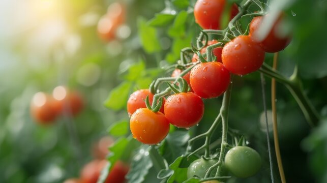 A lush tomato plant is in the center. Full of life and vitality while piles of ripe red tomatoes hung proudly from the green branches. Picture of tomato plants blooming