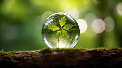 Glass globe ball, tree growing and green nature blur background. Eco earth day concept. Generative AI - obrazy, fototapety, plakaty