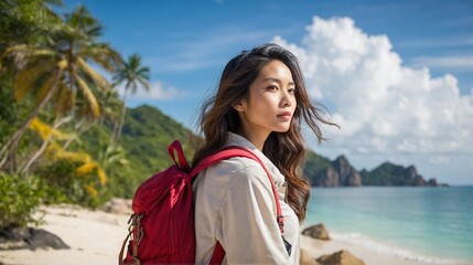 Woman carries a backpack to a tropical island and relaxes on a mountaintop on a sunny summer day.