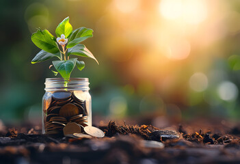 a plant growing in a glass jar filled with coins on a wooden table, symbolizing the concepts of saving money, investment growing money, and the idea of financial growth. - obrazy, fototapety, plakaty