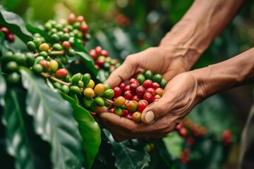 Arabica coffee berries held by hands of a cultivator seen up close