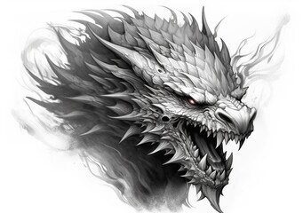 dragon head black and gray illustration