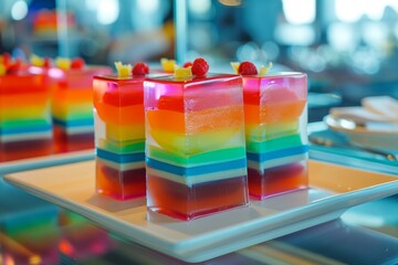 Rainbow gelatin dessert showcased in fine dining establishment - obrazy, fototapety, plakaty