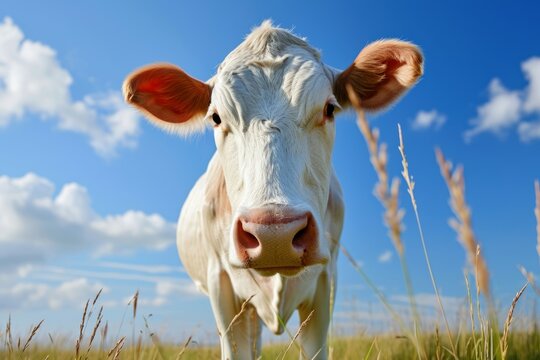 Close up photo of a cow in grass under a blue sky