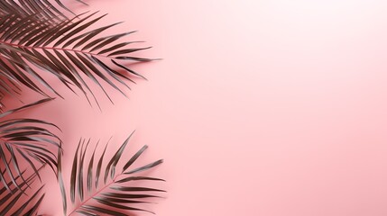 Fototapeta na wymiar Pink background with tropical palms leaves with empty space for text. AI generated image.