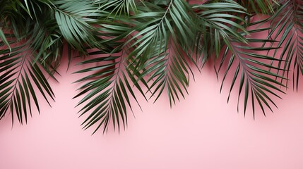 Pink background with tropical palms leaves with empty space for text. AI generated image.