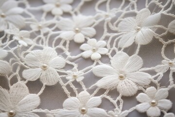 Fototapeta na wymiar Elegant White Lace Fabric with Delicate Floral Patterns and Pearlescent Beadwork