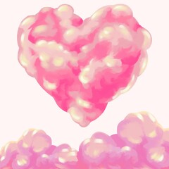 Happy valentine's day concept, pink red tone with heart, cloud illustration, hand-drawing style