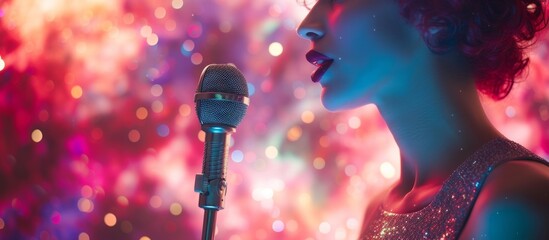 A music artist thrilling the audience with her performance, singing into a purple microphone...