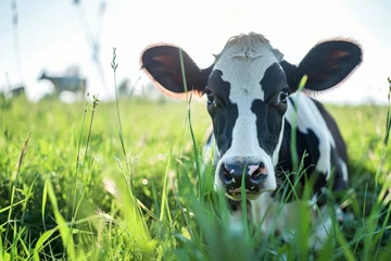 Foto op Plexiglas Cow grazing in open field while muzzle approaches camera under a sunny summer sky © The Big L