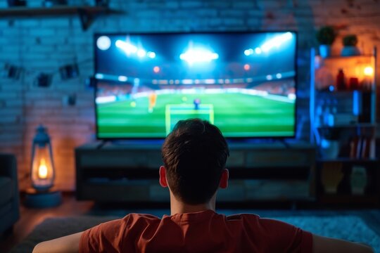 Sport and entertainment concept Football game on wide flat screen at home