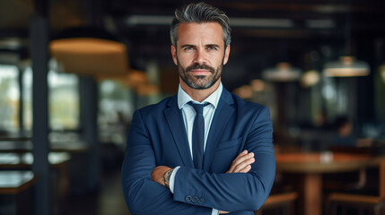 Fototapeta premium Smiling middle aged male businessman standing with crossed arms, looking at camera.