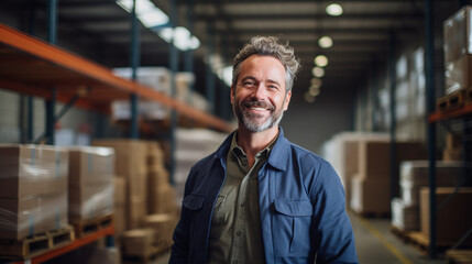 Smiling middle aged man in a warehouse - Powered by Adobe