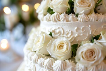 White roses adorn a lovely wedding cake