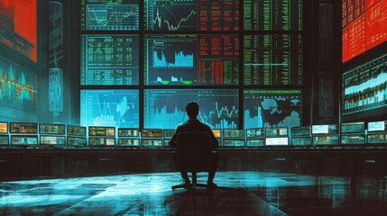 person watching many computer screen, Observing charts and data analysis on many computer displays, the male stock trader trades online..